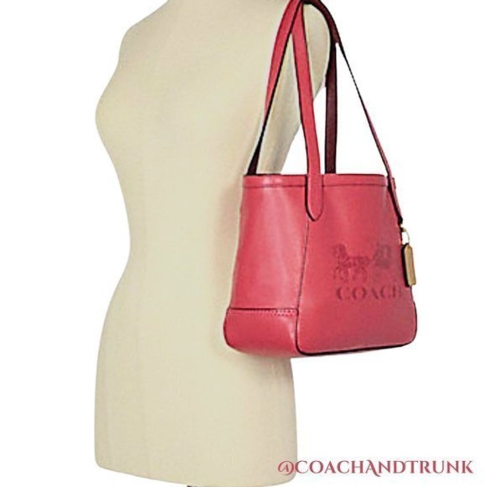 COACH Leather Tote 27 Leather Poppy Red Embossed Horse and Carriage NWT - Picture 5 of 16